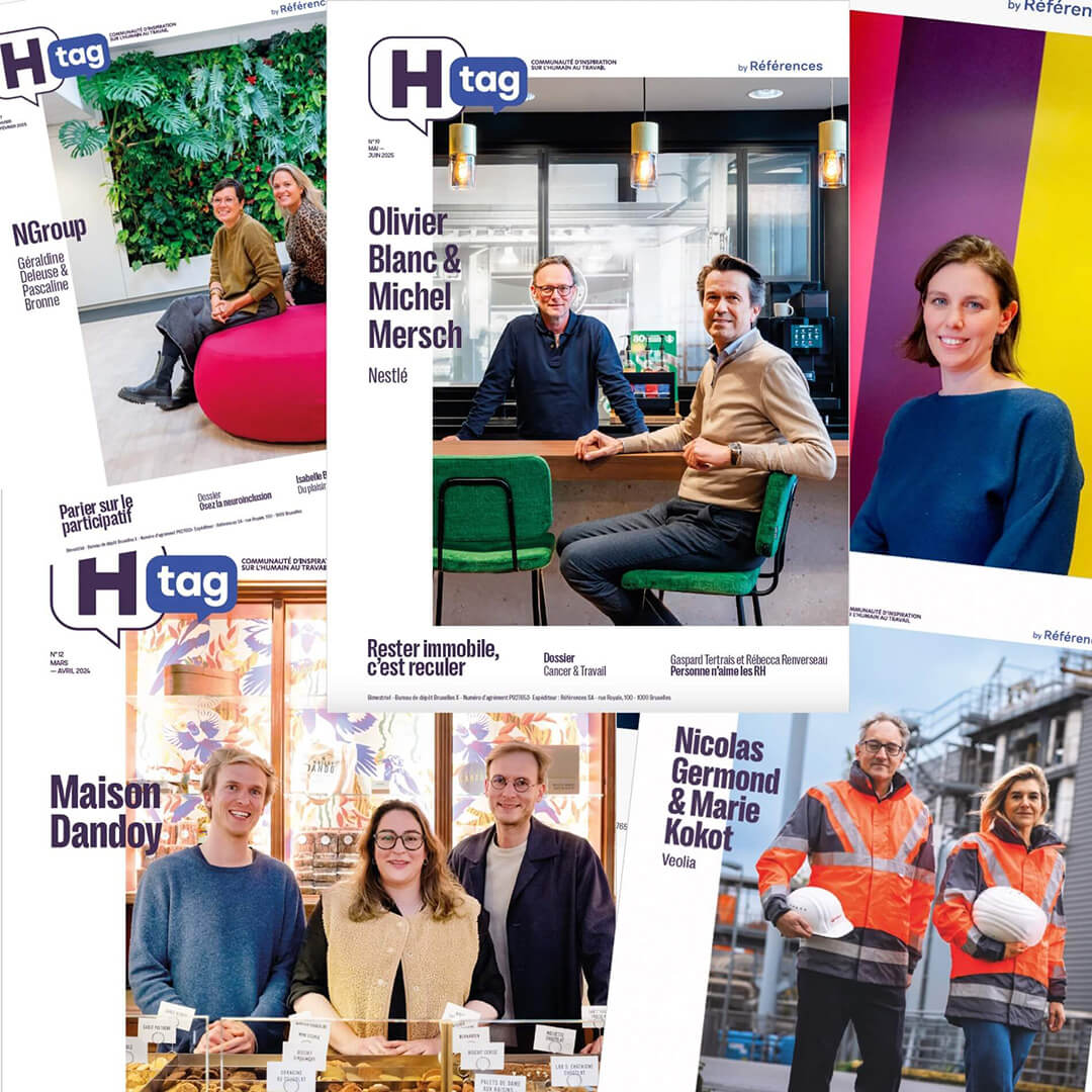 Sélection de couvertures du magazine Htag mettant en avant des dirigeants d’entreprise et des initiatives RH.