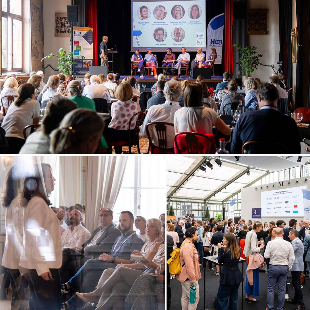 Conférences et networking lors de l'événement Htag 2025, avec des intervenants sur scène et des échanges entre professionnels.